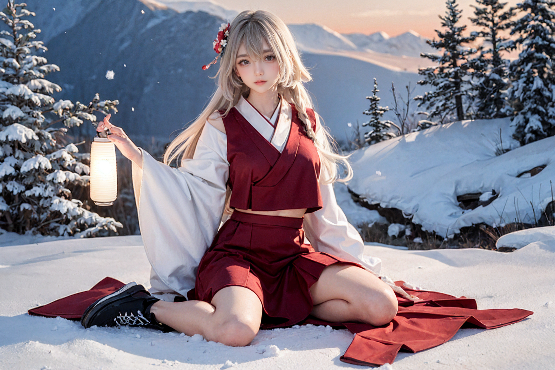 00124-1208578044-1girl, solo, long hair, red eyes, white hair, snowflakes, outdoors, flower, very long hair, lantern, white footwear, skirt, sitt.png